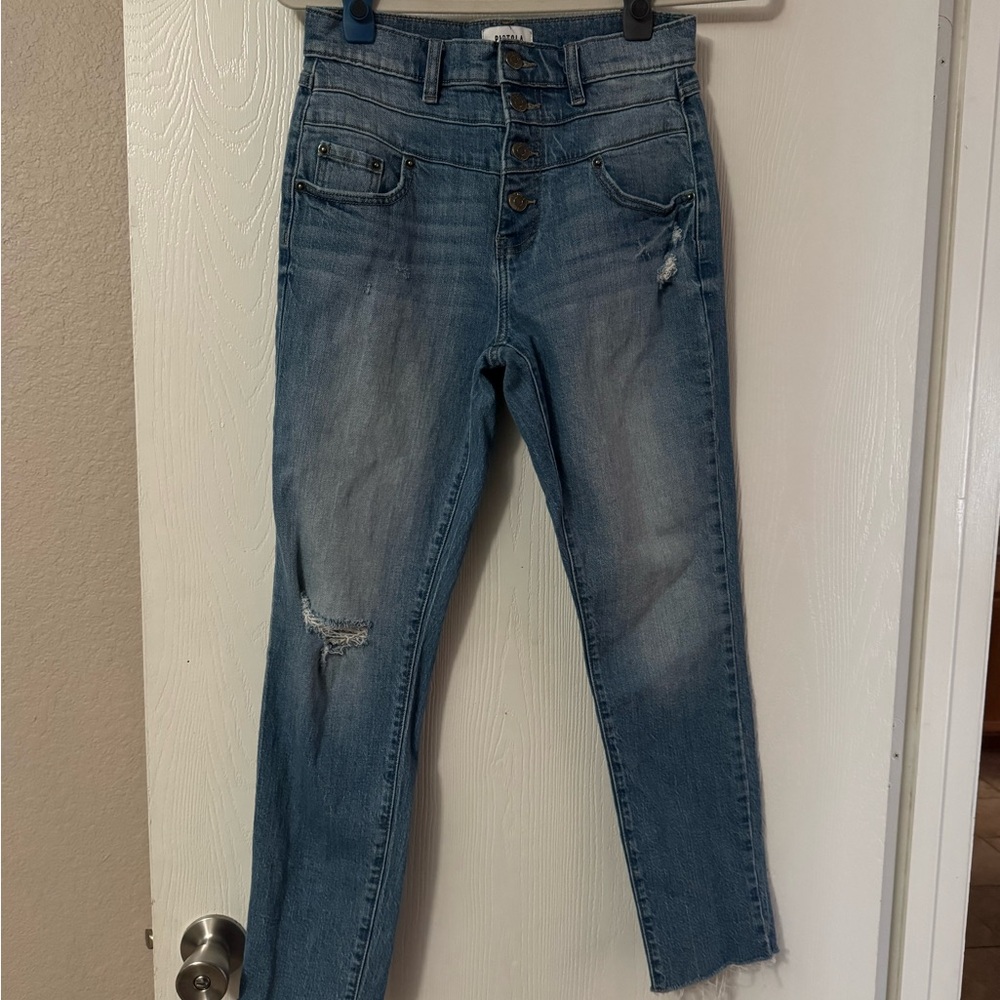 Pistola High Rise Button Fly Crop Jeans Distressed Raw Hem 26